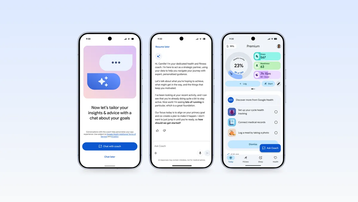 Google 官方展示的 Google Health App 与 Health Coach 手机界面